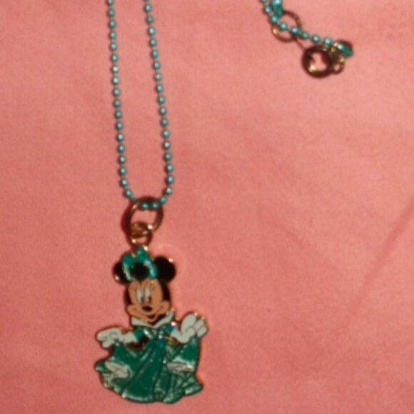 RARE-DISNEY BRADFORD ENAMEL MINNIE MOUSE NECKLACE-METAL TURQUOISE BEAD CHAIN- - Picture 2 of 3